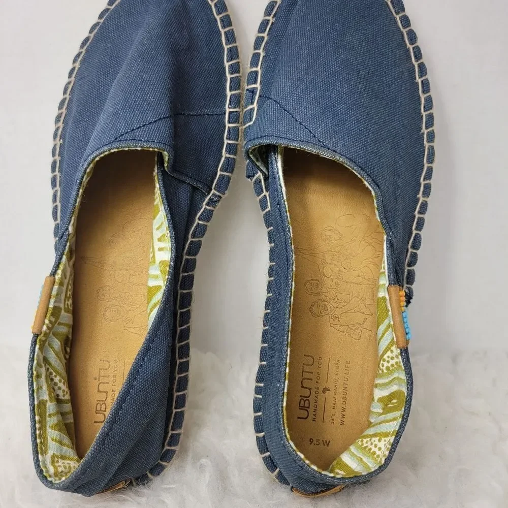 Ubuntu Women's  Canvas Espadrille Beaded Slip On Ethical Blue Shoe Size 9.5 New.